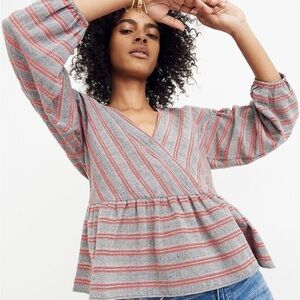 Madewell Striped Bubble-Sleeve Peplum Top Coastal Orange Vicky Stripe Gray Red